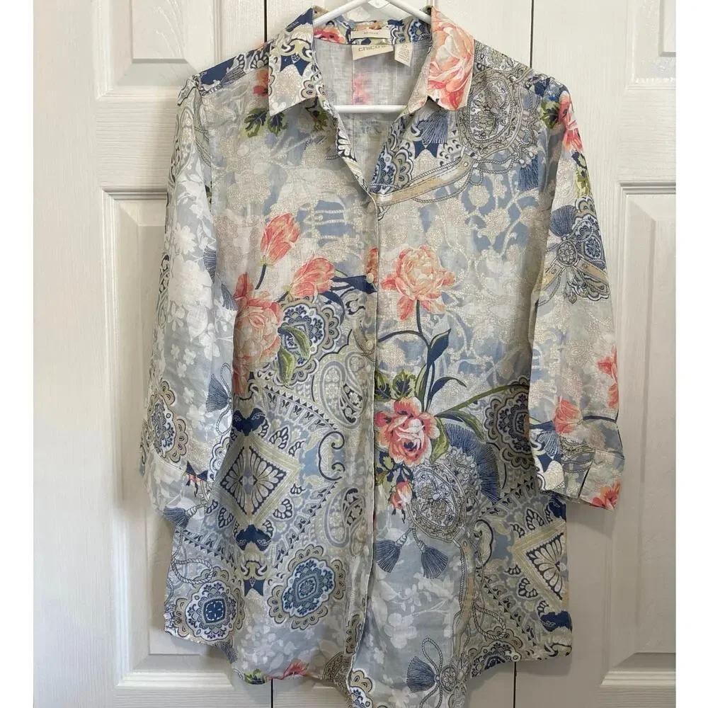 Chico’s No Iron 100% Linen Floral Paisley Button Up Top Size 0 / Small - Picture 2 of 8